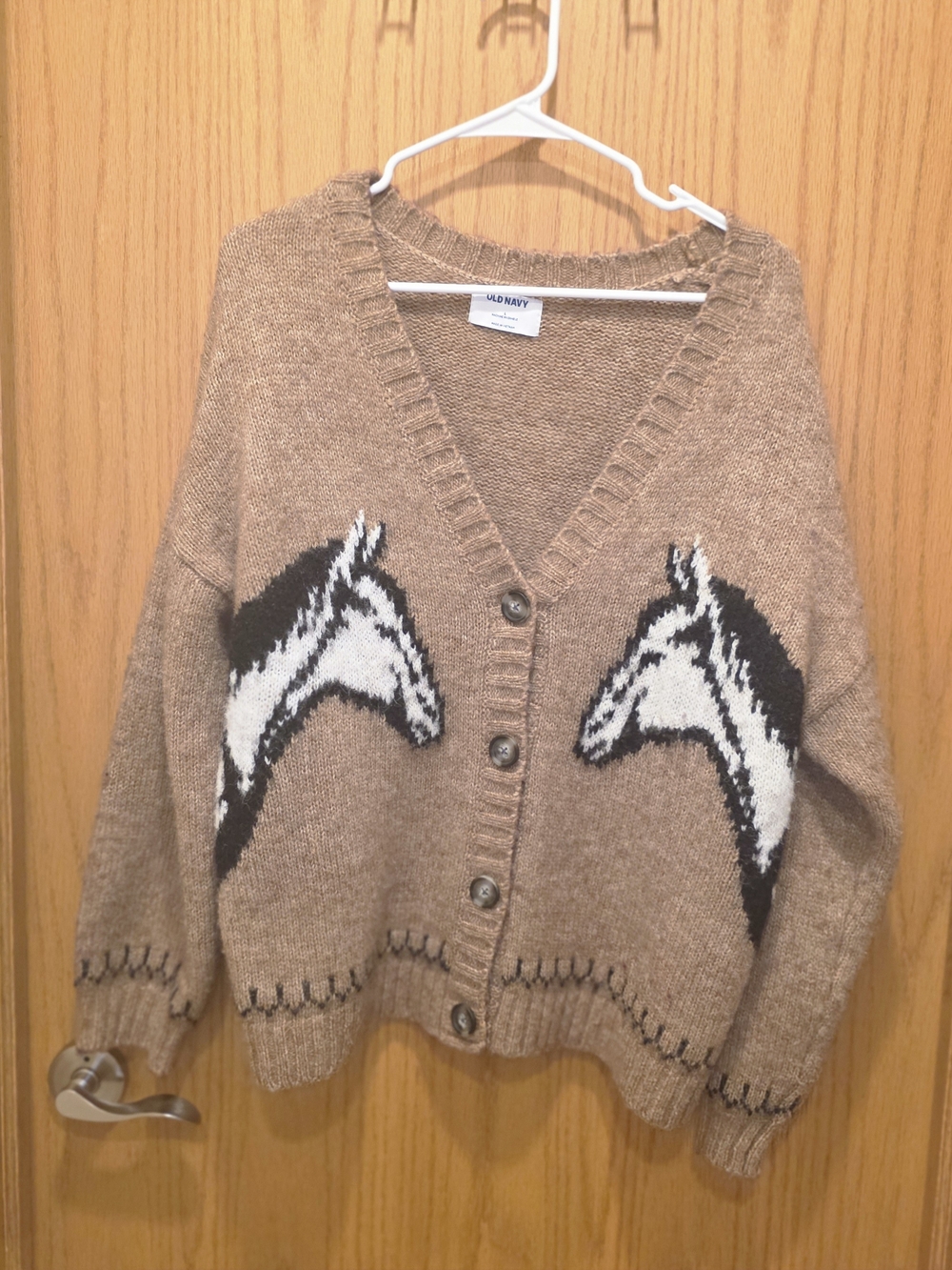 Old Navy Women's Tan Horse-Graphic V-Neck Cardigan Sweater